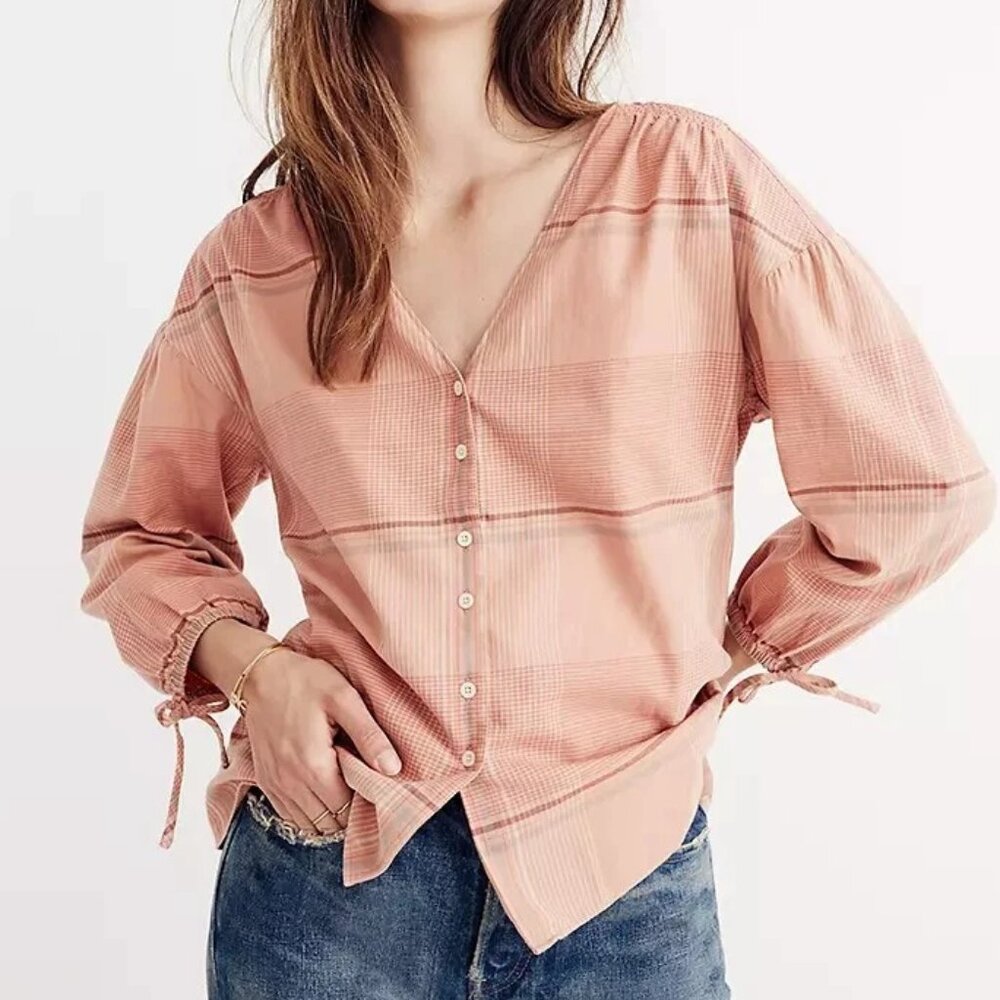 Madewell Morningview Tie-Sleeve Shirt in Peach Plaid‎ 100% Cotton